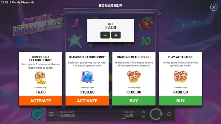 Dandy Diamonds — Выбор бонусов и специальных вращений