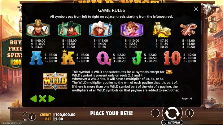 Wild West Gold — Таблица выплат